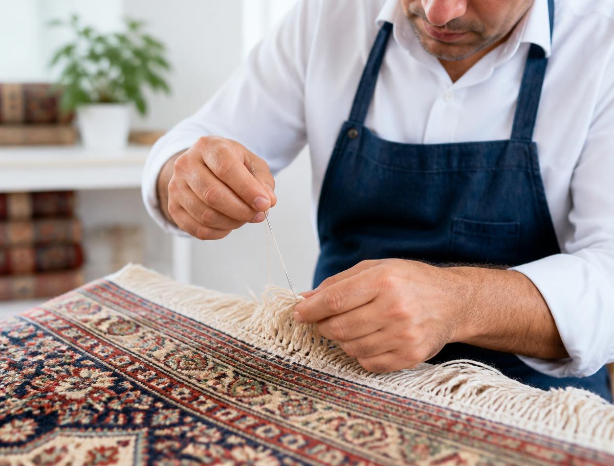 Technician repairing the fringe of an oriental rug by hand in a bright workshop