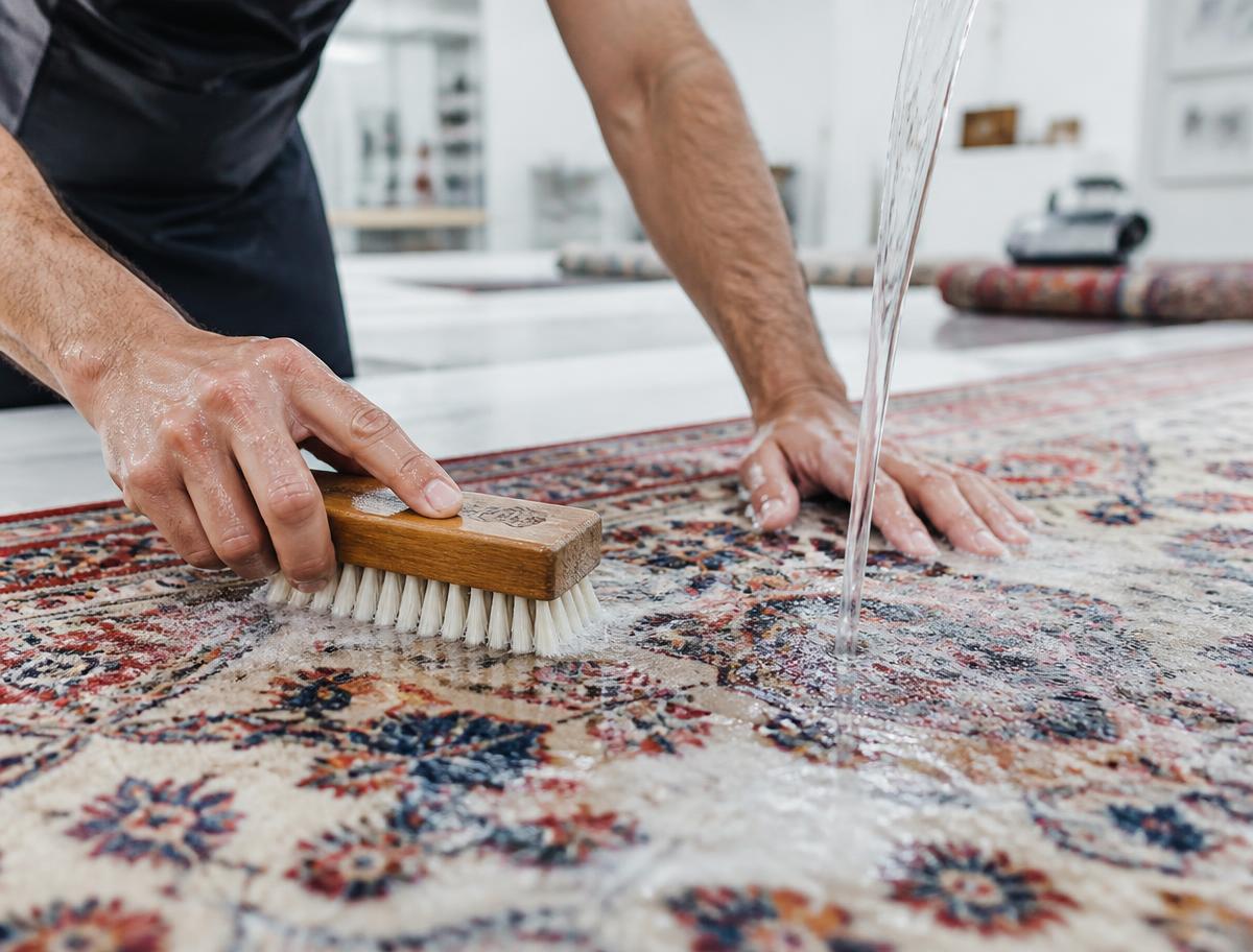 Rug technician hand-washing a Persian rug with a soft brush and clear water